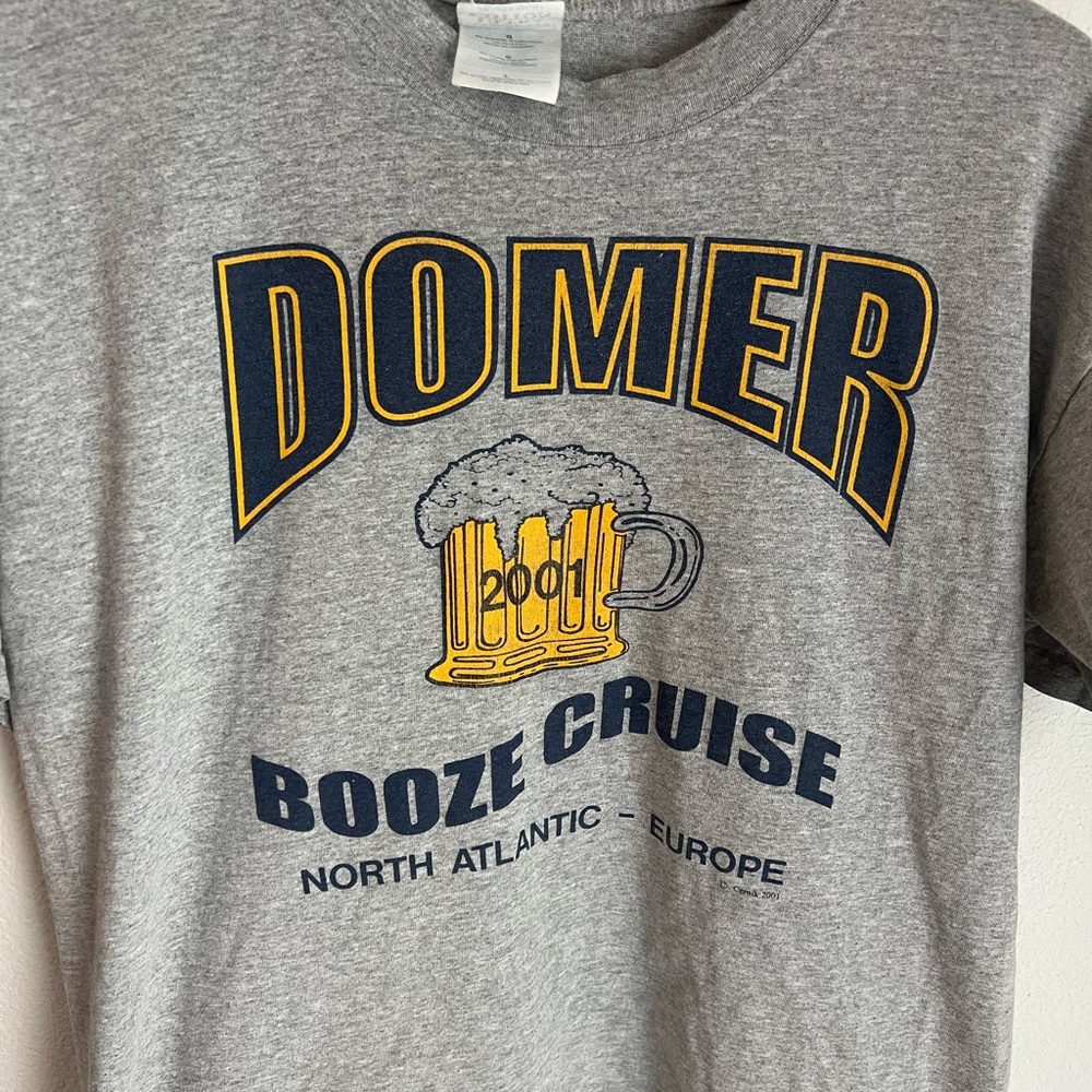 Domer 2001 Booze Cruise Gray T-Shirt with Blue and Yellow Print